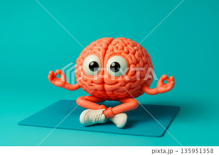 Cute cartoon brain meditating on yoga mat, mindfulness and mental wellness concept, 3D character on teal background 135951358