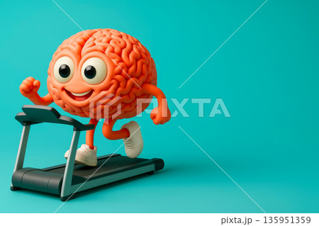 Cute brain running on treadmill, 3D cartoon mascot on teal background for mental fitness and motivation Cute brain running on treadmill, 3D cartoon mascot on teal background for mental fitness and motivation 135951359