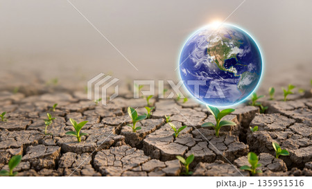 Earth planet above cracked soil with young green sprouts symbolizing ecology sustainability and climate change hope 135951516