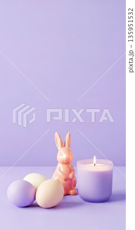 Pastel Easter still life with ceramic bunny candle and colorful eggs on purple background copy space 135951532