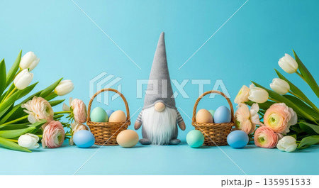 Easter gnome with pastel eggs baskets and spring flowers on blue background with copy space 135951533