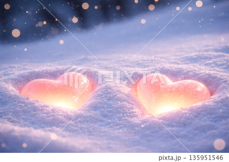 Glowing pink hearts in snow winter Valentine love background with soft bokeh Glowing pink hearts in snow winter Valentine love background with soft bokeh 135951546