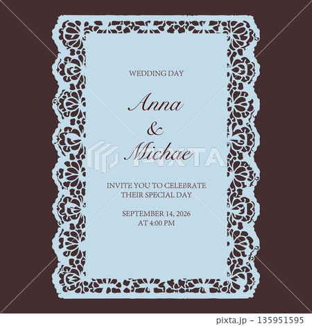 Elegant rectangular lace frame with decorative cutout paper swirl border, romantic wedding invitation or save the date card template, vintage ornamental label, vector illustration. Elegant rectangular lace frame with decorative cutout paper swirl border, romantic wedding invitation or save the date card template, vintage ornamental label, vector illustration. 135951595
