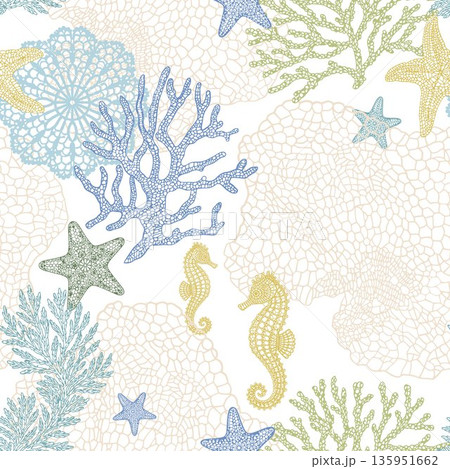 Delicate seamless marine lace vector pattern with airy coral branches, starfish and seahorses. Modern elegant ornamental design inspired by lace and embroidery, perfect for fashion textiles, fabric 135951662