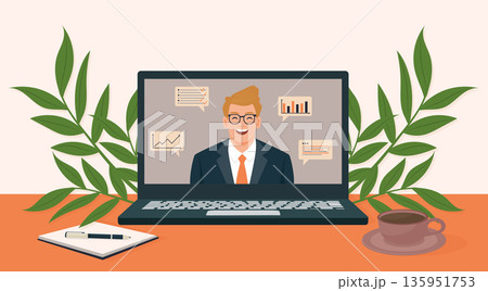 Online business coach on laptop screen for webinar or distance learning vector illustration. 135951753