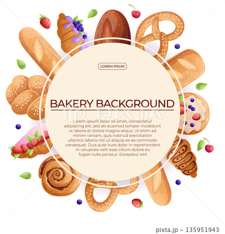 Colorful background with delicious bakery pastries on a white background. The concept of confectionery, baking, cooking. Vector illustration for the design of posters, flyers, postcards, invitations 135951943