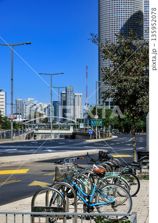 Modern City Street with Bicycles in Tel Aviv, Israel Modern City Street with Bicycles in Tel Aviv, Israel 135952078