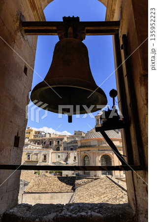 View from the bell tower of the duomo of San Giorgio, an old dome in the historical city center of Modica, Sicily, Italy 135952223