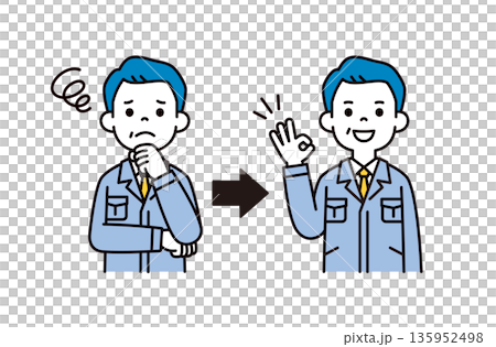 A vector illustration set of a man/manager wearing work clothes, looking troubled and happy that the problem has been solved A vector illustration set of a man/manager wearing work clothes, looking troubled and happy that the problem has been solved 135952498