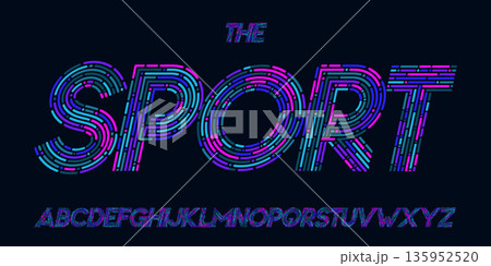 Neon glitch font, rounded digital alphabet, colorful stripes letters, futuristic sport typeface for EDM logo, tech headline, cyber UI typography, dynamic layered typographic design. Vector typeset. 135952520