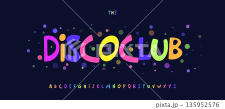 Witty cartoon font, colorful carnival alphabet, funky playful letters, joyful type for retro disco club title, funny logo, comic headline, bouncy typography, creative bubble typeface. Vector typeset 135952576