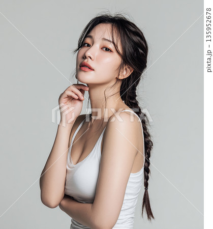三つ編みヘアで満面の笑みを浮かべる白いタンクトップの若い女性 135952678