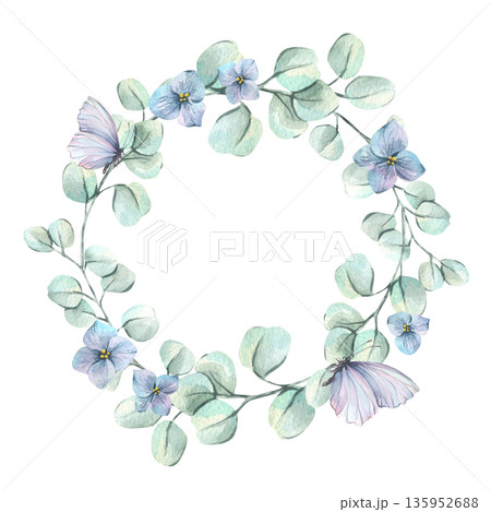 A wreath of soft green eucalyptus branches with lilac butterflies and blue flowers. Hand-drawn watercolor illustration. A round frame template for text, spring holiday decorations, and weddings. A wreath of soft green eucalyptus branches with lilac butterflies and blue flowers. Hand-drawn watercolor illustration. A round frame template for text, spring holiday decorations, and weddings. 135952688