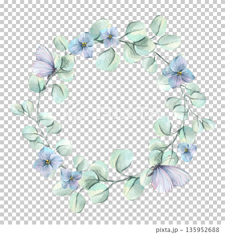 A wreath of soft green eucalyptus branches with lilac butterflies and blue flowers. Hand-drawn watercolor illustration. A round frame template for text, spring holiday decorations, and weddings. A wreath of soft green eucalyptus branches with lilac butterflies and blue flowers. Hand-drawn watercolor illustration. A round frame template for text, spring holiday decorations, and weddings. 135952688