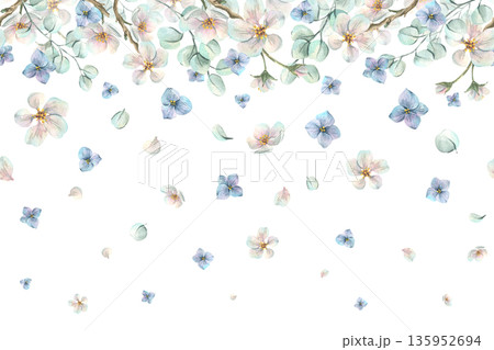 A spring floral illustration with apple blossoms, forget-me-nots, eucalyptus leaves, and petals. Hand-drawn watercolor illustration. A seamless border pattern for spring holiday and wedding designs. A spring floral illustration with apple blossoms, forget-me-nots, eucalyptus leaves, and petals. Hand-drawn watercolor illustration. A seamless border pattern for spring holiday and wedding designs. 135952694