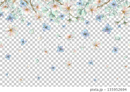 A spring floral illustration with apple blossoms, forget-me-nots, eucalyptus leaves, and petals. Hand-drawn watercolor illustration. A seamless border pattern for spring holiday and wedding designs. A spring floral illustration with apple blossoms, forget-me-nots, eucalyptus leaves, and petals. Hand-drawn watercolor illustration. A seamless border pattern for spring holiday and wedding designs. 135952694