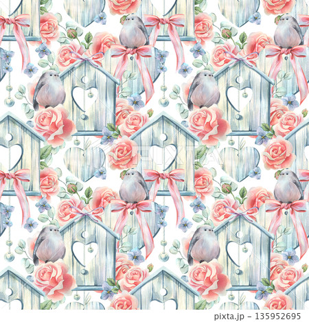 A seamless watercolor pattern with birdhouses, cute birds, roses, bows, and flowers. A romantic spring backdrop for weddings, Mother's Day, Easter, and Women's Day. Hand-drawn illustration. A seamless watercolor pattern with birdhouses, cute birds, roses, bows, and flowers. A romantic spring backdrop for weddings, Mother's Day, Easter, and Women's Day. Hand-drawn illustration. 135952695
