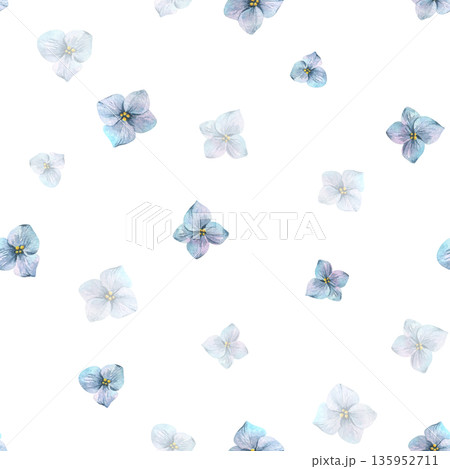 A seamless watercolor pattern of tiny light blue hydrangea and forget-me-not flowers on a white background. A spring design for greeting cards, and wedding invitations. Hand-drawn illustration. 135952711