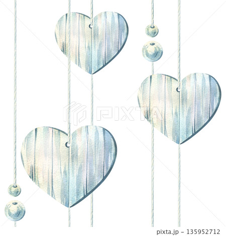 Wooden hearts suspended on beaded strings. Hand-painted watercolor seamless pattern for weddings and spring holidays, Mother's Day, Easter, Valentine's Day, and March 8th. Wooden hearts suspended on beaded strings. Hand-painted watercolor seamless pattern for weddings and spring holidays, Mother's Day, Easter, Valentine's Day, and March 8th. 135952712