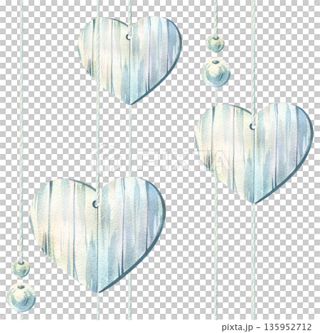 Wooden hearts suspended on beaded strings. Hand-painted watercolor seamless pattern for weddings and spring holidays, Mother's Day, Easter, Valentine's Day, and March 8th. Wooden hearts suspended on beaded strings. Hand-painted watercolor seamless pattern for weddings and spring holidays, Mother's Day, Easter, Valentine's Day, and March 8th. 135952712