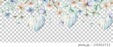 Wooden hearts suspended among apple blossoms with butterflies. Hand-painted watercolor illustration. Seamless border pattern for weddings and spring holidays, Mother's Day, and Valentine's Day. 135952713