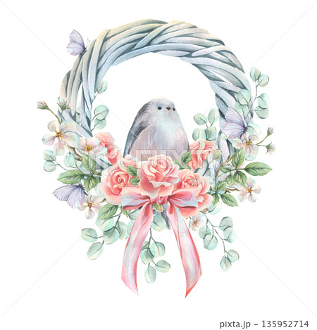 A spring vine wreath, painted in watercolor, with a bird and pink roses, perfect for weddings and spring holidays. This delicate hand-drawn floral illustration is perfect for design, prints, and decor A spring vine wreath, painted in watercolor, with a bird and pink roses, perfect for weddings and spring holidays. This delicate hand-drawn floral illustration is perfect for design, prints, and decor 135952714