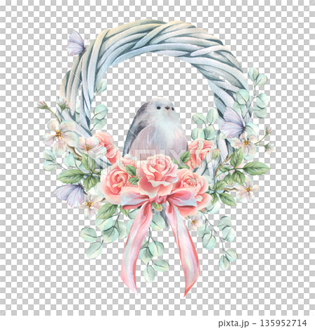 A spring vine wreath, painted in watercolor, with a bird and pink roses, perfect for weddings and spring holidays. This delicate hand-drawn floral illustration is perfect for design, prints, and decor 135952714