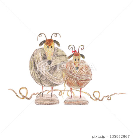 Seamless pattern of lambs statuettes ball traditional wool yarn of Iceland on wooden stands. Watercolor isolated white illustration. For fashion and travel magazines, design cards, banners clip art. Seamless pattern of lambs statuettes ball traditional wool yarn of Iceland on wooden stands. Watercolor isolated white illustration. For fashion and travel magazines, design cards, banners clip art. 135952967
