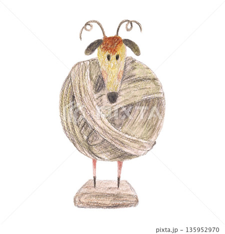 Brown statuette lamb ball traditional wool yarn of Iceland on wooden stand. Watercolor isolated white illustration. For fashion and travel magazines, design map, greeting cards, banners clip art. 135952970