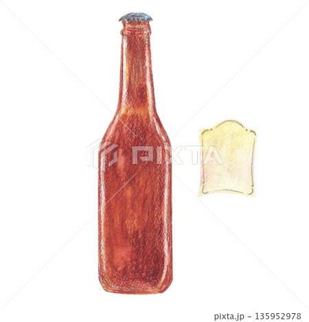 Brown beer bottle with iron cap and blank beige label. Watercolor isolated closeup illustration. Vibrant produce, restaurant menu, banners and greeting cards. For all bar design and clip art. Brown beer bottle with iron cap and blank beige label. Watercolor isolated closeup illustration. Vibrant produce, restaurant menu, banners and greeting cards. For all bar design and clip art. 135952978