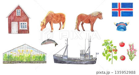 Wooden house, two horses, flag of Iceland, Fishing trawler salmon, wool hat, greenhouse and ripe red tomato and pink heather bush in big watercolor set clip art. Vibrant produce, food travel design. 135952988
