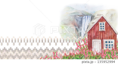 Red wooden house Pink purple heather Waterfall Skogafoss, traditional pattern Iceland and field. Watercolor isolated element clip art. Travel design touristic maps, banners and greeting cards. Red wooden house Pink purple heather Waterfall Skogafoss, traditional pattern Iceland and field. Watercolor isolated element clip art. Travel design touristic maps, banners and greeting cards. 135952994