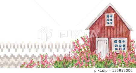 Red wooden house, white door and widows. Pink purple heather. Traditional ornament of Iceland. Watercolor isolated element clip art. Travel design touristic maps, banners and greeting cards. 135953006