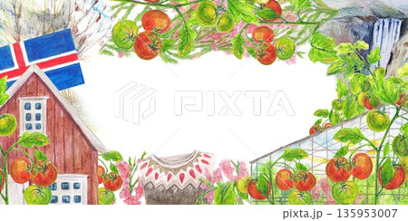 Farm cottage, knitted sweater with traditional ornament of Iceland, greenhouse and ripe red tomato, Icelandic national flag waterfall. Watercolor frame. For touristic map, cards and books, banners. 135953007