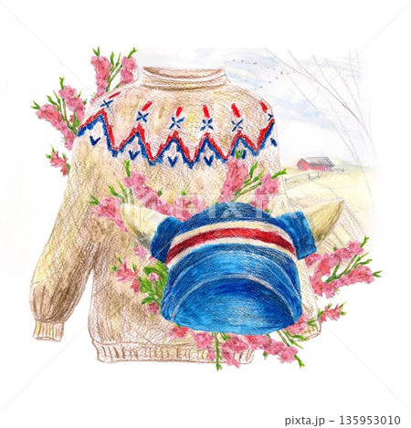 Knitted wool helmet colors of Icelandic flag. Beige sweater with traditional ornament Pink purple heather Watercolor frame. Travel country. Island tourism. For banners maps and cards. Knitted wool helmet colors of Icelandic flag. Beige sweater with traditional ornament Pink purple heather Watercolor frame. Travel country. Island tourism. For banners maps and cards. 135953010