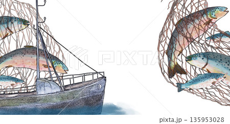 Gray ship with nets is sailing. Atlantic salmons in nets. Watercolor clip art. Fish Icelandic tourism. For travel food magazines and map, menu restaurant design, greeting cards and books, banners. Gray ship with nets is sailing. Atlantic salmons in nets. Watercolor clip art. Fish Icelandic tourism. For travel food magazines and map, menu restaurant design, greeting cards and books, banners. 135953028
