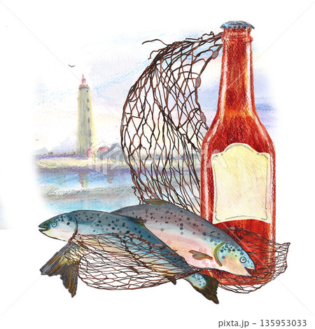 Brown beer bottle net, sea and lighthouse. Two salmons in nets. Watercolor clip art. Fish Icelandic tourism. For travel food magazines and map, menu restaurant design, cards and books, banners. Brown beer bottle net, sea and lighthouse. Two salmons in nets. Watercolor clip art. Fish Icelandic tourism. For travel food magazines and map, menu restaurant design, cards and books, banners. 135953033