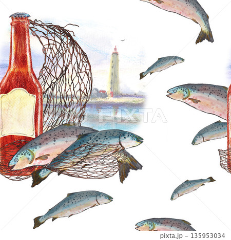 Salmons in nets. Brown beer bottle net, sea and lighthouse. Watercolor seamless pattern. Fish Icelandic tourism. For travel food magazines and map, menu restaurant design, cards and books, banners. Salmons in nets. Brown beer bottle net, sea and lighthouse. Watercolor seamless pattern. Fish Icelandic tourism. For travel food magazines and map, menu restaurant design, cards and books, banners. 135953034