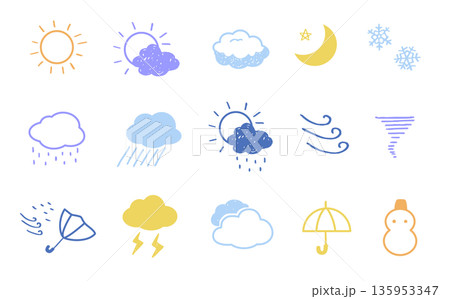 手描きタッチのカラフル線画の天気アイコンセット 135953347