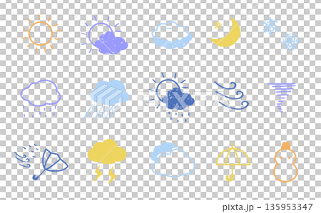 手描きタッチのカラフル線画の天気アイコンセット 135953347