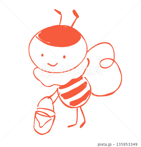 はちみつの入ったバケツを運んで空を飛ぶ笑顔が可愛いミツバチのキャラクターの手書きイラスト 135953349