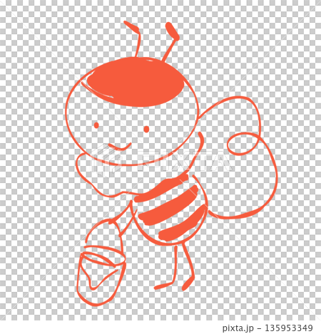 はちみつの入ったバケツを運んで空を飛ぶ笑顔が可愛いミツバチのキャラクターの手書きイラスト 135953349