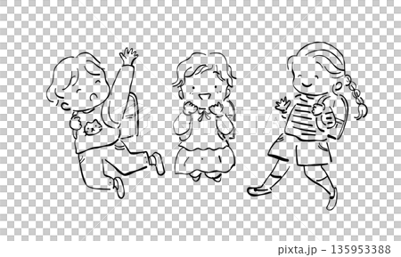 Hand-drawn line drawing of children carrying school bags and excited about starting school Hand-drawn line drawing of children carrying school bags and excited about starting school 135953388