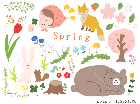 春の森で過ごす動物と草花のやさしい手描きイラストベクターセット 春の森で過ごす動物と草花のやさしい手描きイラストベクターセット 135953389