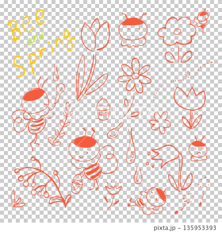 A hand-drawn illustration featuring a cute bee character and tulips and margaret flowers that makes you feel the arrival of spring. A hand-drawn illustration featuring a cute bee character and tulips and margaret flowers that makes you feel the arrival of spring. 135953393
