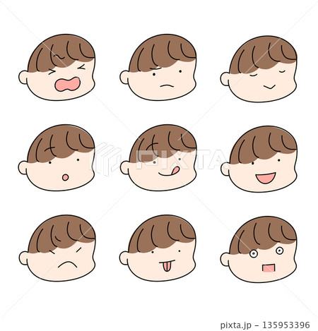 子どものさまざまな表情が並んだシンプルな顔アイコンイラストセット 子どものさまざまな表情が並んだシンプルな顔アイコンイラストセット 135953396