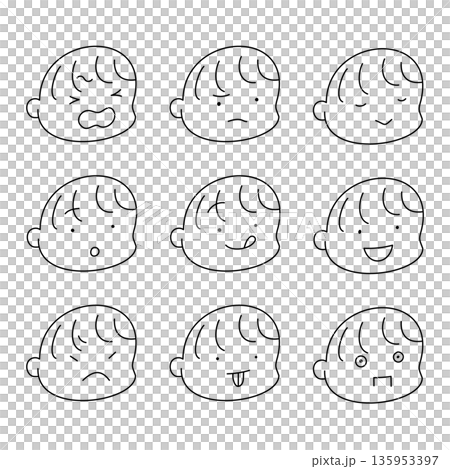 A simple line drawing icon set of facial expressions that helps children understand their emotions 135953397