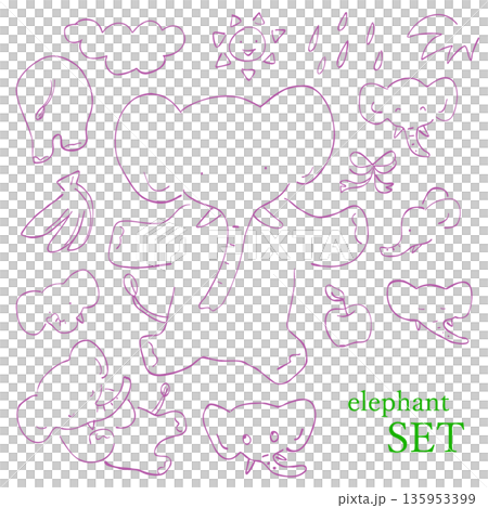 Hand-drawn illustration set of a cute elephant playing with bananas and fruits Hand-drawn illustration set of a cute elephant playing with bananas and fruits 135953399