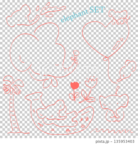 ハートや風船で遊ぶかわいいぞうの手描きイラストセット 135953403