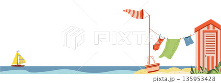 Colored sea landscape with beach hut, yellow yacht, swimsuit, shorts, towel, bag. Vector illustration. Sea elements for greeting cards, decoration, magazines, banners, menu patterns and designs Colored sea landscape with beach hut, yellow yacht, swimsuit, shorts, towel, bag. Vector illustration. Sea elements for greeting cards, decoration, magazines, banners, menu patterns and designs 135953428